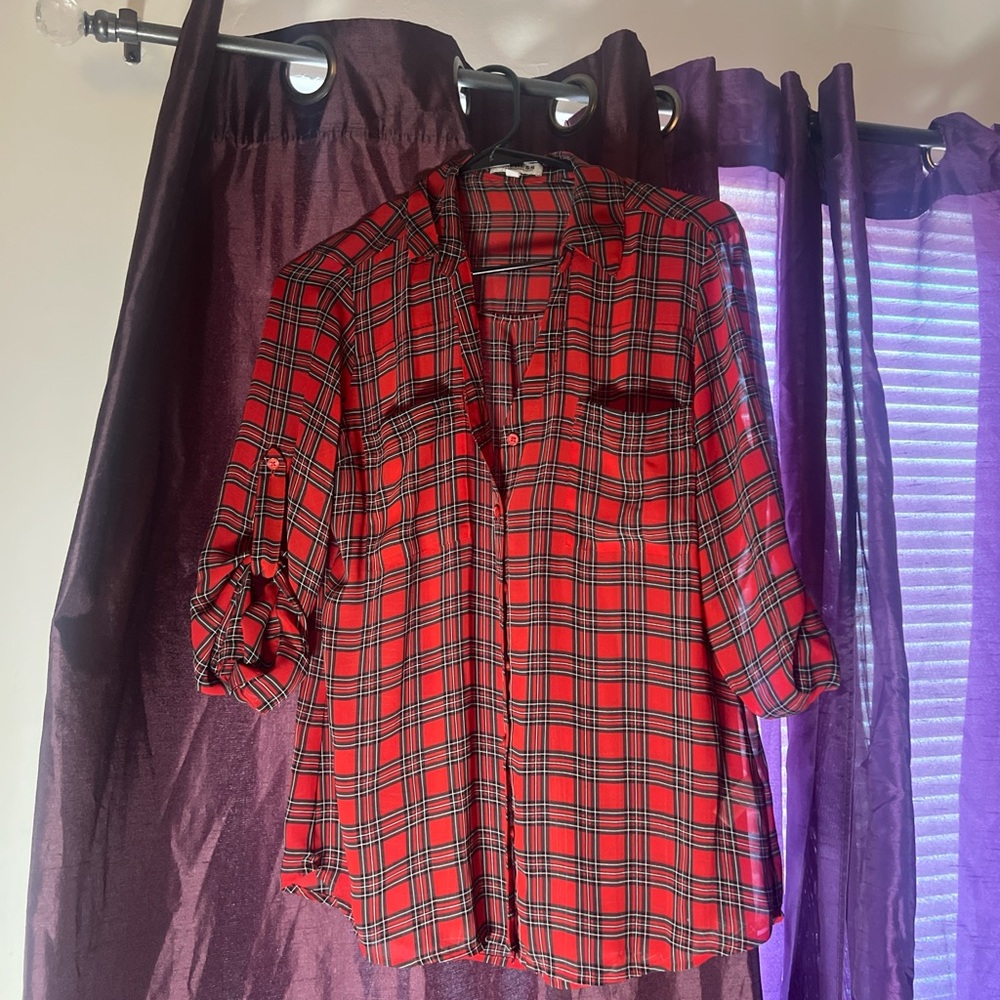 Express Red and Black Plaid Portofino Shirt